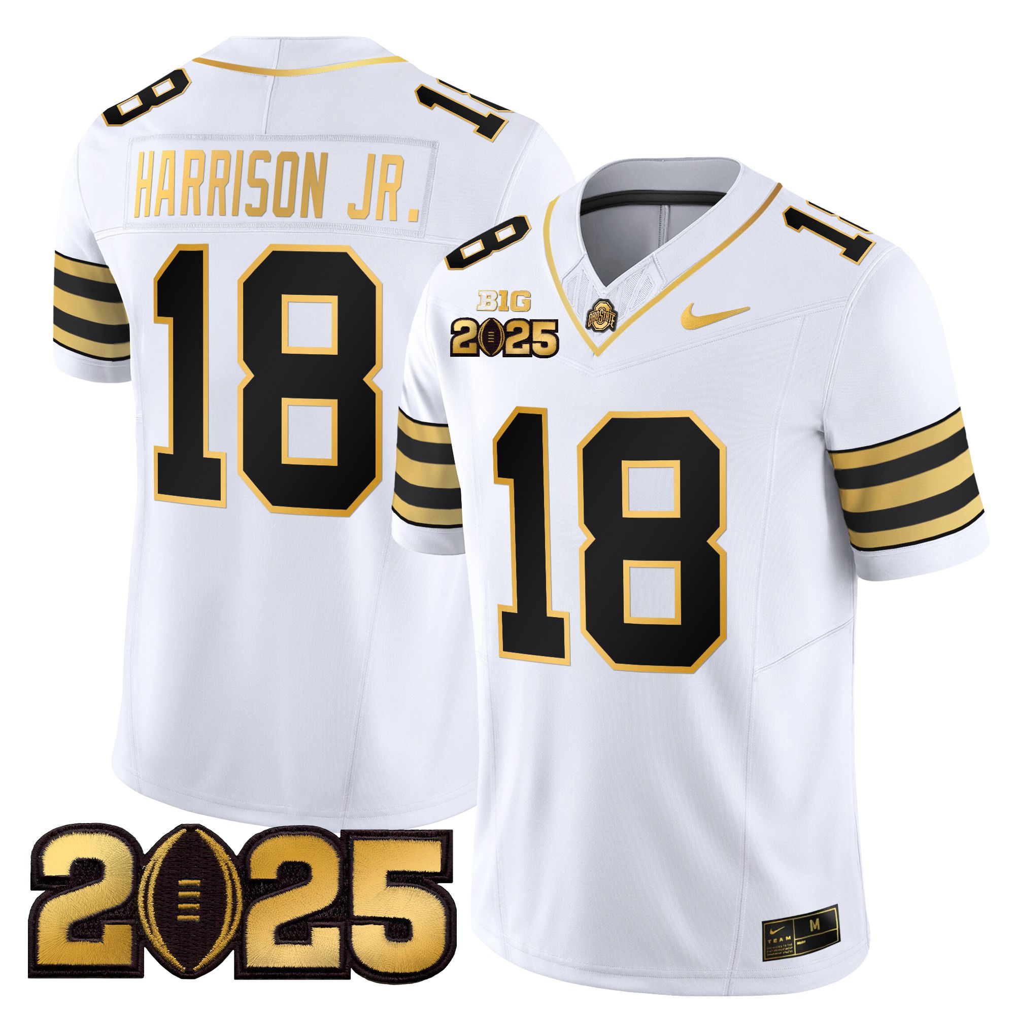 Men Ohio State Buckeyes #18 Harrison jr White 2025 CFP Final Patch Gold Vapor Limited NCAA Jersey->ncaa teams->NCAA Jersey